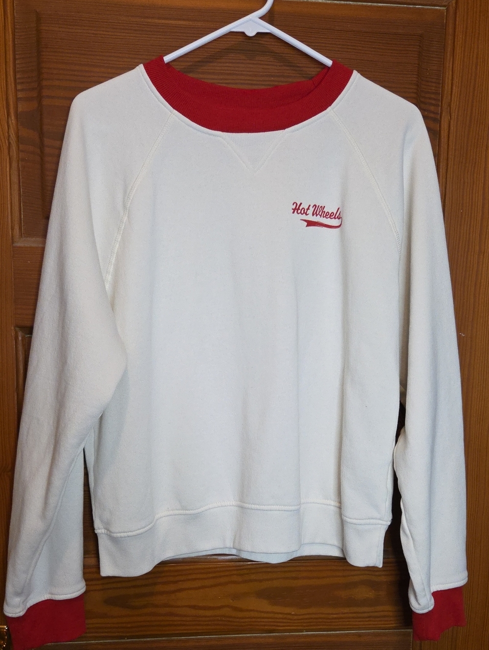 Divided Retro Look Cream Hot Wheels Fleece Crewneck Sweatshirt with Red Trim